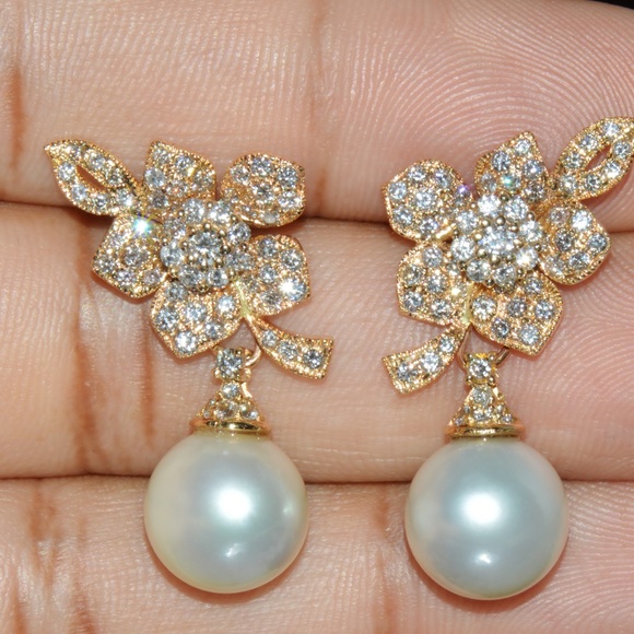 CERTIFIED NATURAL SOLID 18K GOLD 21.5CTS DIAMOND SOUTH SEA PEARL 3-IN-1 EARRINGS - Picture 8 of 14